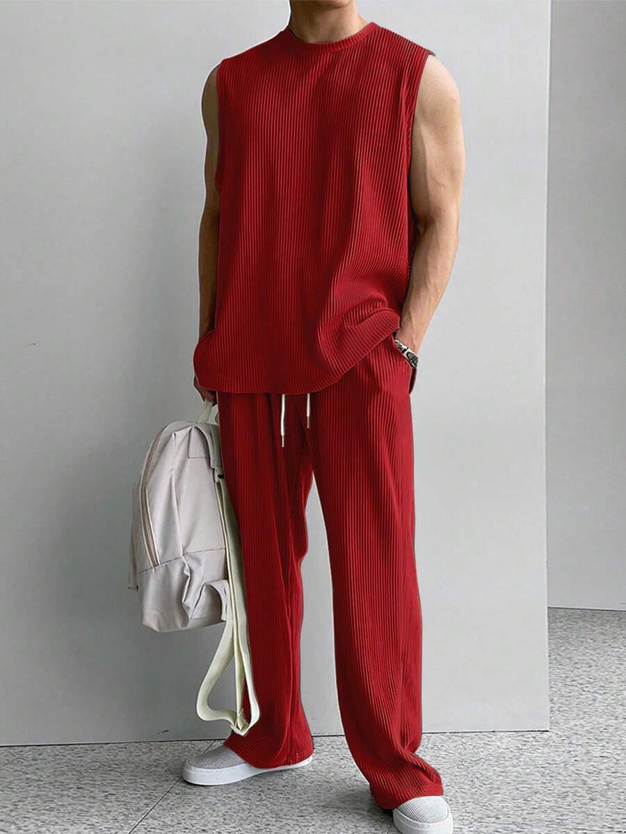 Manfinity Homme Conjunto de 2 piezas de top de cuello redondo y pantalones largos de unicolor para hombre, casual para uso diario - Rojo - Ver 1
