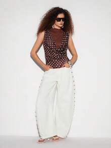 Lumivelle Top sans manches en patchwork de maille à pois marron foncé, design à col montant avec volants, coupe cintrée affinante, t-shirt sans manches élégant style mature pour fille à la mode - Tabac - Voir 5