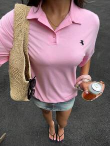 SHEIN EZwear 女士粉色刺绣针织宽松休闲T恤，夏季款 - 粉色 - 查看 5