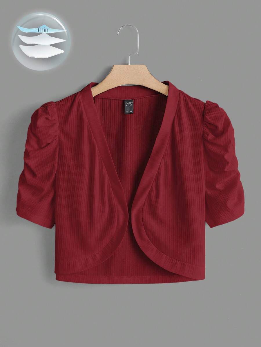 SHEIN Clasi 大尺碼花瓣袖前開襟短版夾克 - 酒紅色 - 查看 1