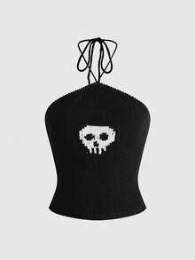 ROMWE Grunge Punk Punk Skull Jacquard Sexy Halter Neck Tank Top Women's Knit Top - Black - View 1