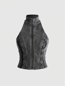 ROMWE Grunge Punk Summer Punk Hot Girl Western Vintage Distressed Lace-Up Fitted Denim Top - Grey - View 1