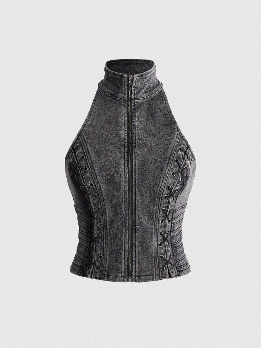 ROMWE Grunge Punk Summer Punk Hot Girl Western Vintage Distressed Lace-Up Fitted Denim Top - Grey - View 1