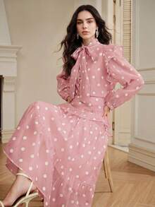 Anewsta Women's Spring/Summer Polka Dot Layered Cap Sleeve 2 Pieces Set, Suitable For Commuting And Weekend Outings - Pink - View 7