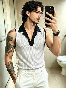 Manfinity Dauomo Men's Striped Colorblock Casual Tank Top - Black and White - View 2
