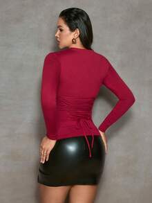 Nuvra Women's Long Sleeve Double-Layer Tummy Control Shapewear Top With Lining, Cinched Waist Body Shaper - Burgundy - View 2