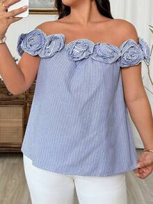 Weeklong Women's Off-Shoulder 3D Floral Striped Elegant Summer Plus Size Blouse - Blue and White - View 4