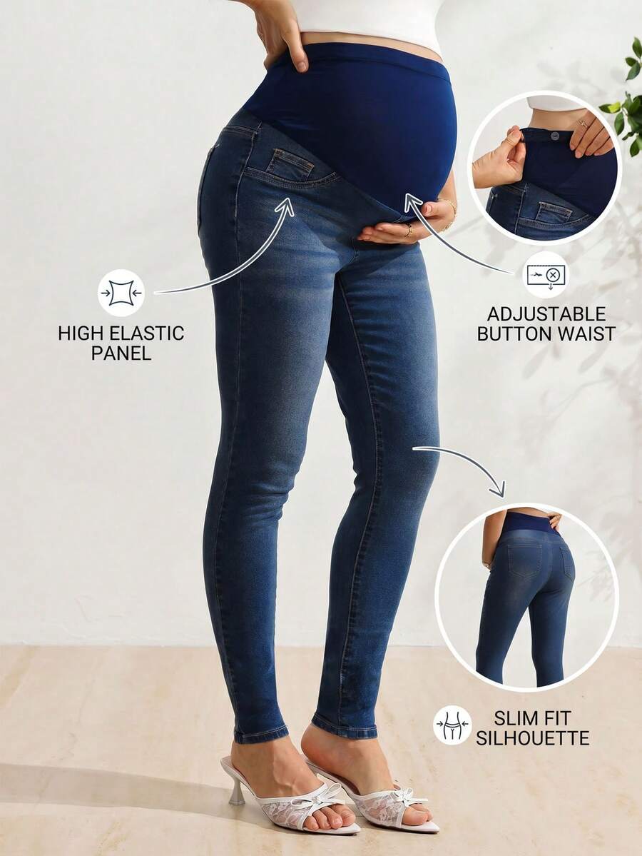 SHEIN 孕婦時尚百搭可調腰圍牛仔長褲,適合日常外出 - 深色水洗藍 - 查看 1
