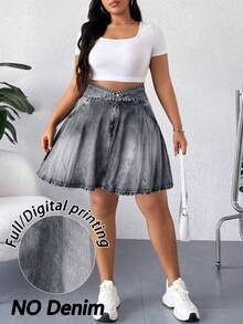 Elenzga 大码女式时尚休闲浅蓝色仿牛仔印花高腰显瘦短裙，弹力不透，适合运动、户外跑步和日常休闲穿着 - 灰色 - 查看 7