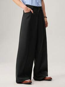 Manfinity Streetrush Men's Basic Casual Solid Color Loose Fit Pants Black Wide Leg Trousers Men Baggy For Fall - Black - View 6