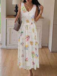 DAZY Floral Print V-Neck Waist-Cinching Long Dress, Summer Outfit Women's Nightgown - White - View 6