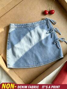 Resyla Women's Light Wash Faux Denim Mini Skirt With Side Bow Ties, Casual Streetwear For Summer - Multicolor - View 1
