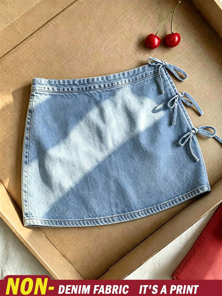 Resyla Women's Light Wash Faux Denim Mini Skirt With Side Bow Ties, Casual Streetwear For Summer - Multicolor - View 1
