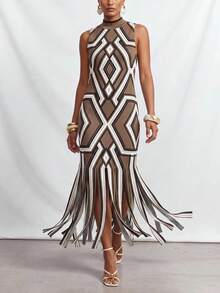 Zivah Women's Vacation Geometric Print Tassel Hem Dress - Brown - View 8