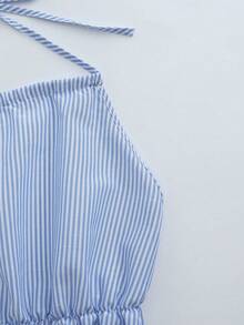 Selianne Blue Striped Halter Neck Peplum Top With Ruffle Hem And Matching Mini Shorts For Women Casual Two-Piece Set - Blue - View 4