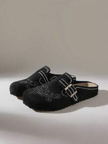 Solecia Women's Shoes Four Seasons Retro Embroidery Buckle Round Toe Flat Heel Thick Sole Suede Closed Toe Daily Casual Shoes - Black - View 1