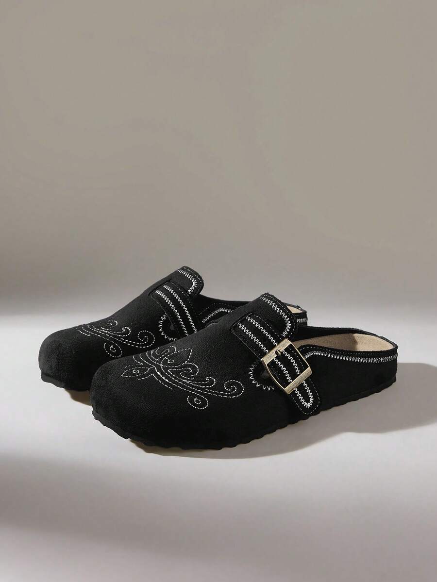 Solecia Women's Shoes Four Seasons Retro Embroidery Buckle Round Toe Flat Heel Thick Sole Suede Closed Toe Daily Casual Shoes - Black - View 1