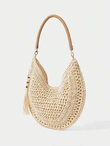 SHECARRY Ladies' Fashionable Beige Shoulder Bag, Hand-Woven Half-Moon Bag, Exquisite Vacation Leisure Versatile, Travel, Beach, Seaside, Bohemian - Beige - View 2