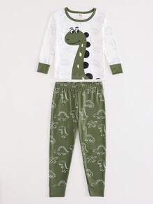 Cozy Pixies 男童卡通恐龍圖案長袖長褲套裝，修身居家服，適合春夏秋冬休閒日常穿著 - 水鴨藍 - 查看 5