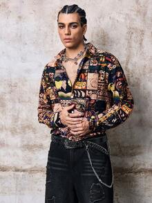 Skyrend Men Patchwork Print Long Sleeve Shirt, Fallemo Gothic Punk Streetwear For Emo Boy Grunge - Multicolor - View 6