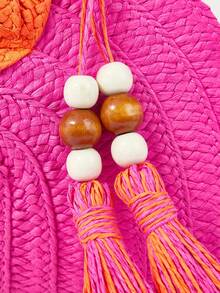 SHECARRY Ladies Round Wooden Arm Two-Color Straw Woven Handbag, Fashionable, Elegant, Simple ,  For Beach Holidays, Festivals, Summer Beach Party - Hot Pink - View 7