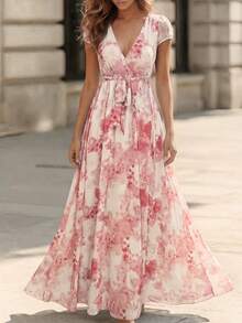 SHEIN LUNE Blue Floral Print High Waist Romantic Elegant A-Line Short Sleeve Midi Dress For Women - Multicolor - View 3