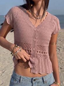 Gaivellea Women's Minimalist French Romantic Paris Solid Color Knit Top Vacation Dusty Pink Summer Brunch Tea Party - Pink - View 6