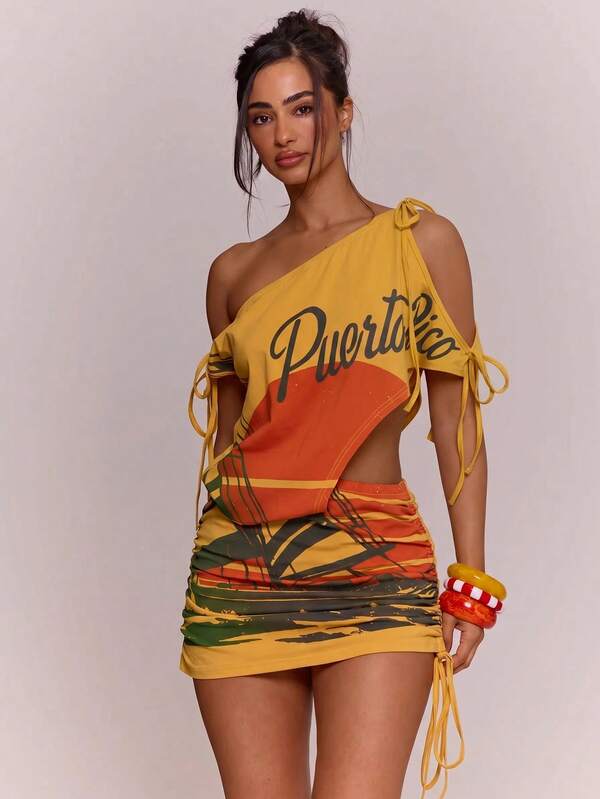 MUSERA Asymetric Graphic Printed Draped Cinched Waist Mini Dress Spring Summer Vacation Holiday Ibiza Boho Elegant Casual Carnival Festival