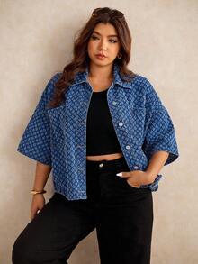 SHEIN PETITE CURVE Plus Size Casual Traditional Washed Textured Denim Top, Commuter, Date Formal Vacation, Party, Summer, Holiday, Festival - White - View 8