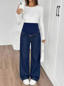 SHEIN 孕妇休闲时尚街头风日常通勤高腰拼接水洗阔腿牛仔裤夏季嘉年华服装通勤度假毕业季时尚Y2K可爱街头风性感派对婚礼优雅商务休闲女士商务海滩毕业休闲阔腿牛仔裤，弹性腰带带来日常舒适感 - 藍色 - 查看 4