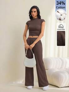 SHEIN Tall 女款純色立領短袖上衣與長褲休閒兩件套 - 棕色 - 查看 5