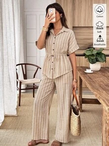 Elouméa 女款標準尺寸夏秋襯衫套裝，抽繩收腰設計，連袖款，棉感條紋面料，休閒通勤穿搭 - 彩色 - 查看 6