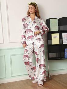 Chillnights Set Piyama Wanita Kasual Muda Motif Macan dengan Kerah Satin dan Bukaan Depan - MultiWarna - View 1