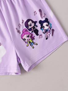 SHEIN Elladie kids 女童 2件組時尚卡通角色與音符圖案休閒極簡短袖上衣與短褲套裝，適合音樂節、夏季日常穿著 - 彩色 - 查看 5