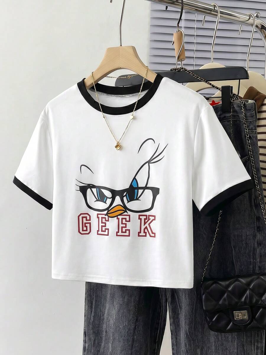 DrmWander LOONEY TUNES X SHEIN 大尺碼女款字母與卡通印花圓領短袖短版T恤 - 白色 - 查看 1