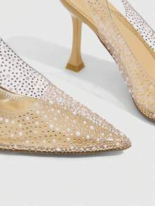 CUCCOO SZL Ladies Pointed Back Empty Fashion Elegant Party Transparent TPU Fabric Contrasting Color Hot Pearl Rhinestone Rear Lift Strap High Heel Shoes - Gold plate - View 5