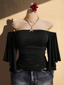 SHEIN ICON Women's Plus Size Solid Color Off-Shoulder Ruched Waist Blouse - Black - View 10