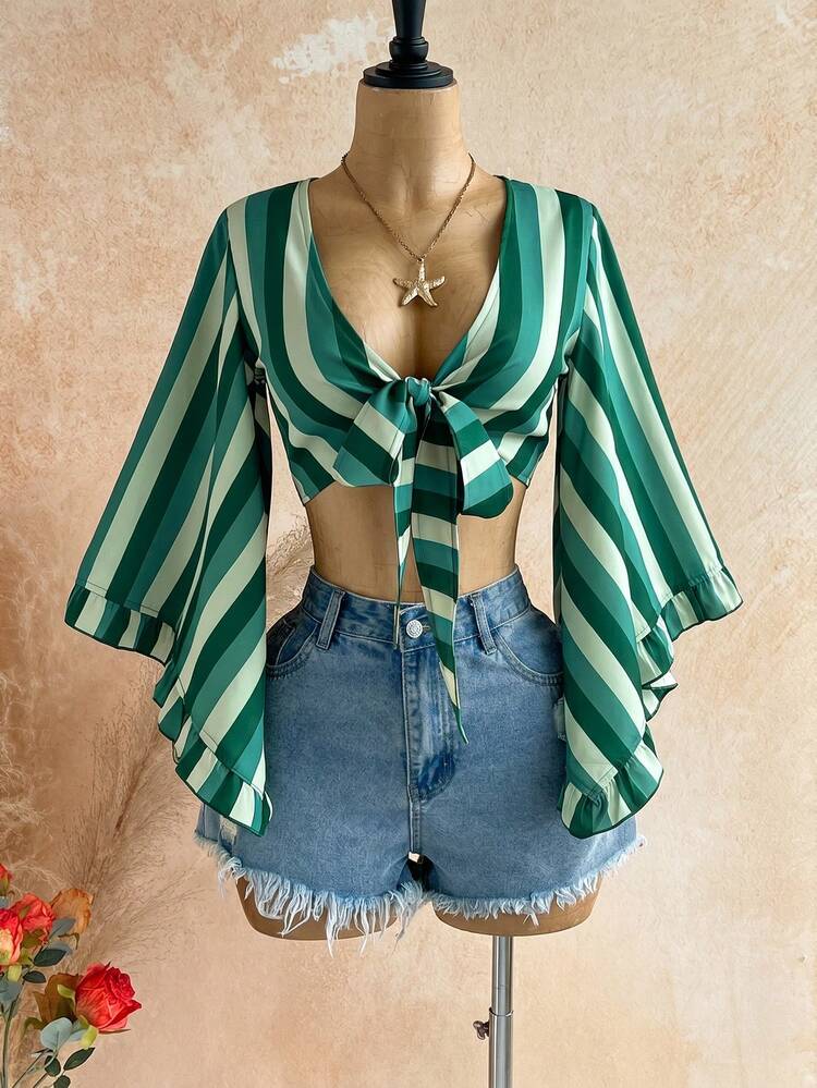 Soleia 女款條紋拼色休閒百搭日常穿著襯衫 - 綠色 - 查看 5