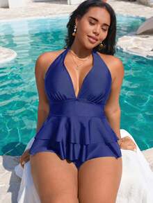 Swim Vcay 2026 New V-Neck Sleeveless Ruffle Top & High Waist Bottoms Plus Size Women Bikini Set Set, Suitable For Beach & Vacation In Spring/Summer - Navy Blue - View 4