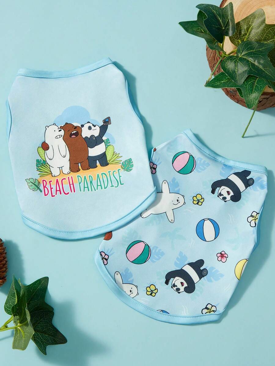 We Bare Bears X PETSIN 2件裝可愛小熊好友照片海灘排球游泳字母印花寵物背心藍色刺繡休閒風無袖柔軟透氣防毛寵物衣服 - 彩色 - 查看 1