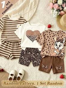SHEIN Vintaside Kids (Random 3 Sets,Send 1 Set)Baby Girl Glitter Leopard Print Heart Bow Rabbit Flower Striped Pattern Basic Short T-Shirt & Cycling Shorts 2-Piece Set - Multicolor - View 3