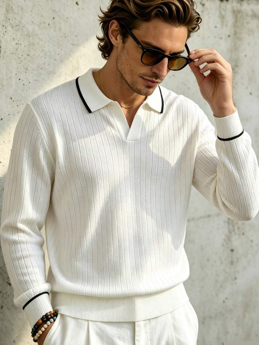 TONEVAULT Men's Autumn Casual Color Block Trim Sweater - White - View 1