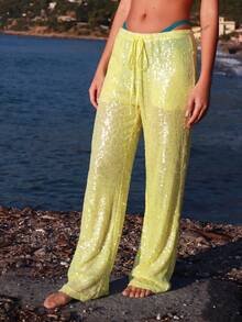 SILVIA DI SANTO Women's Fashion Casual Sequin Lace-Up Straight Leg Pants Yellow - Yellow - View 2