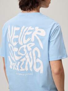 Round Neck Solid Color Summer Knit Printed Short Sleeve Tee, Streetwear Inspired, Couple Things - Blue - View 7