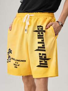 Manfinity Streetrush Men's Yellow,Summer,Streetwear,City Break Knit Shorts,Graphic Letter&Star Pattern,Elastic Waist Drawstring Pocket,2000s Emo Style - Yellow - View 5