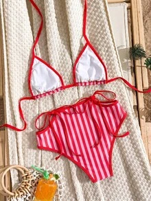 Swim Vcay Women's Spring/Summer Hot-Selling Fashion Striped Print With Solid Color Trim Design Beach Two-Piece Bikini Vacation Set - Red - View 2