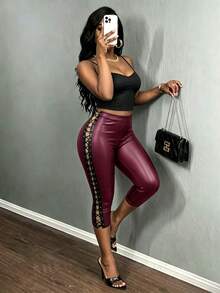 BamGleam American Hot Girl Black Faux Leather Lace-Up Skinny Pants, Side Tie Slimming Butt-Lifting Capri Length Pants, Subculture Punk Style Sexy Hot Girl Pants - Burgundy - View 6