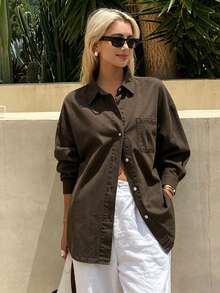 Livesso Summer Autumn Collared Long Sleeve Button Loose Dark Brown Cotton Denim Shirt For Women - Coffee Brown - View 4