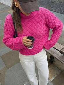 Women's Solid Color Wide Sleeve High Neck Loose Short Casual Sweater - Hot Pink - View 1
