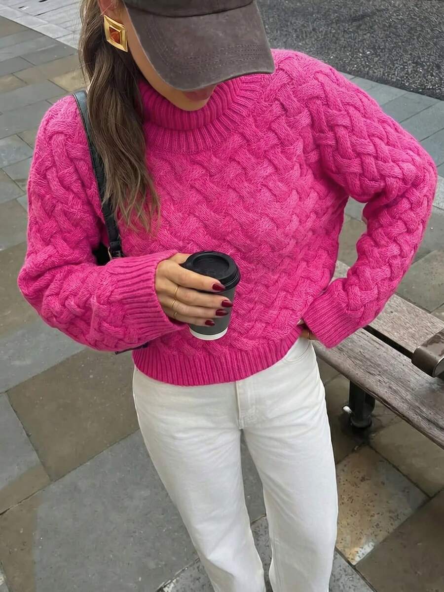 Women's Solid Color Wide Sleeve High Neck Loose Short Casual Sweater - Hot Pink - View 1